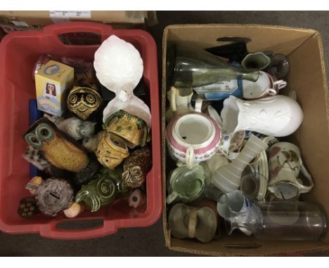 Two boxes of ceramics including various owl figures, cups and saucers and other items.