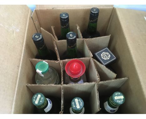 A box containing a collection of 10 bottles of spirit to include Gordon’s Sloe gin, El Toro Tequila and John crabbits ginger 