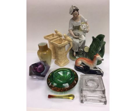 A collection of ceramics and glass including a Staffordshire pen stand, Murano style ashtray, Wade jugs etc.