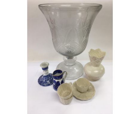 A large etched glass vase, some Belleek items including a vase, cups and saucers plus a blue and white jug and a Copeland Spo