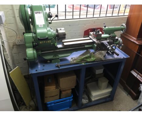 A floor standing Myford Super 7 Engineering Lathe appearing to have benfited from some mechanical restoration and overall in 