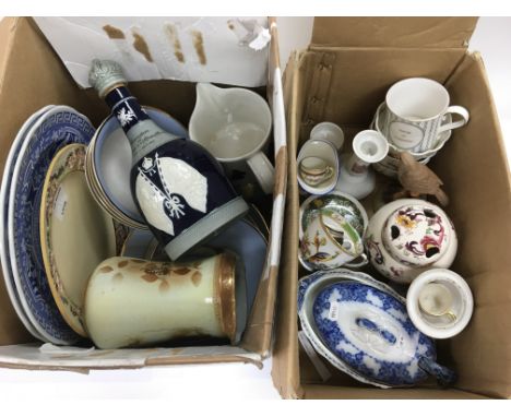 Two boxes of ceramics including a Copeland Spode 1911 Coronation decanter, Doulton tableware, Aynsley dishes etc.