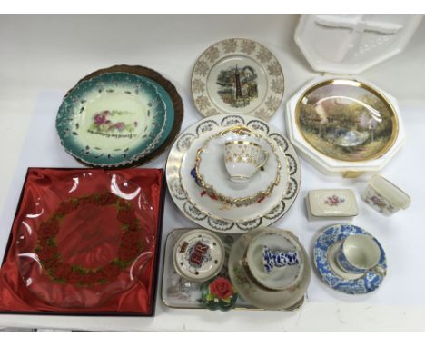 A collection of ceramics including various plates, cups and saucers etc plus a box of various drinking glasses.