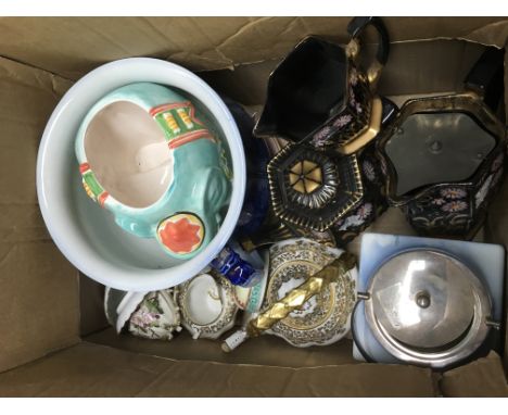 A box of various ceramics includung a hand painted tea service, various piercework plates etc.