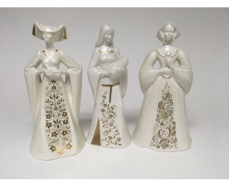Three Poole figures 23 cm , condition two fine one with crack to th front (Katherine )