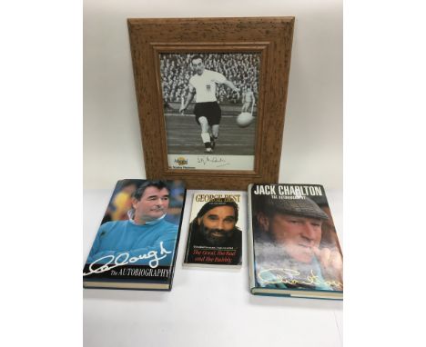 A collection of signed football related prints and books comprising Stanley Matthews, Brian Clough, George Best, Jackie Charl