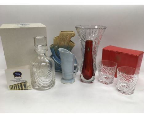 A collection of ceramic and glass items including a Whitefriars vase, a boxed crystal decanter, pottery vases etc.