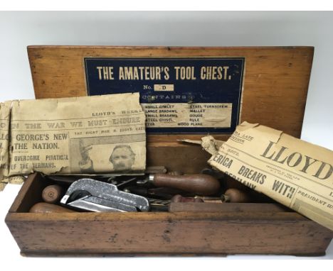 A vintage amateurs tool chest containing various old tools original paper dated 1917.