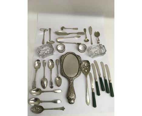 A silver Art Nouveau hand mirror, plus silver and plated flatware