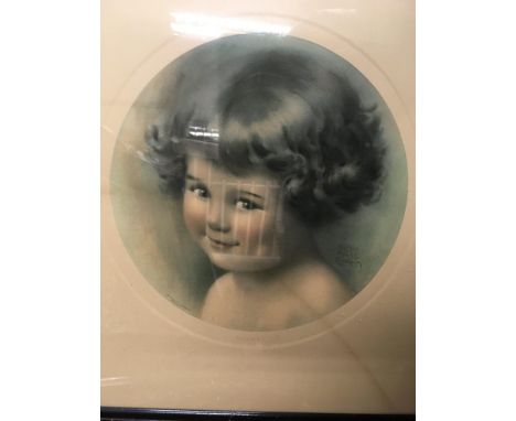 Two boxes of picture including oils and a print of a child by Bessie pease