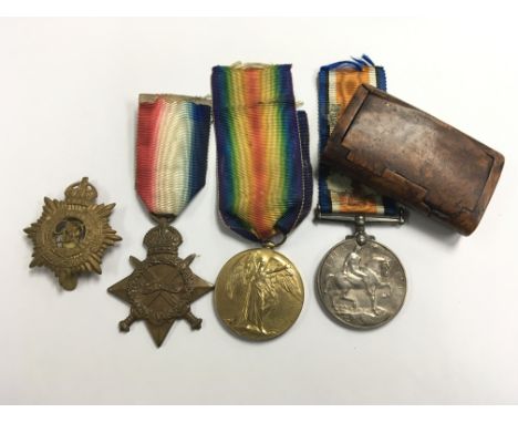 A Group of three I World War medals awarded to T4-123603 Pte T Venn, A.S.C including 1914/15 star a cap badge and a small wal