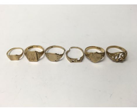 A collection of 9ct gold rings (some broken). Sizes approx Q, T, K & V, weight approx 19.50g