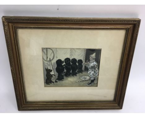 A framed Louis Wain print depicting a comical scene of a clown addressing a row of dogs.Approx 40x47cm