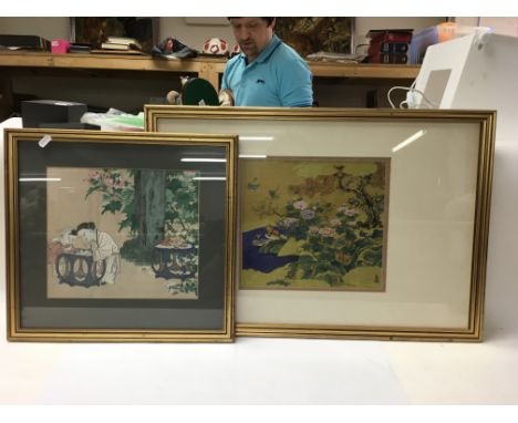 A collection of framed pictures including Oriental and Indian tapestry needlepoint pictures.