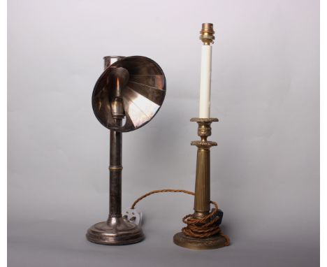 A 19th Century silver plated 'student's' lamp, 39cm high; together with a classical column table lamp (2).