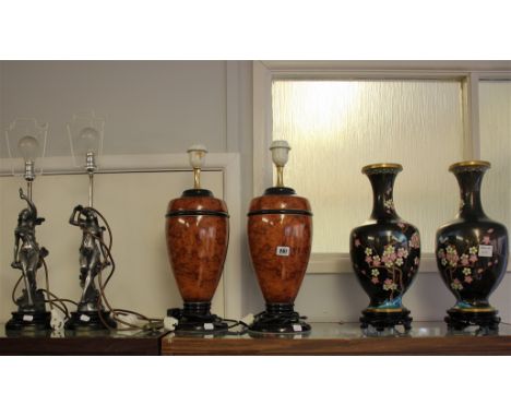 A pair of Chinese cloisonné enamel baluster vases, 37cm; together with a pair of marbled baluster table lamps by Olivier Corr