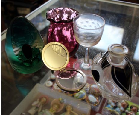 Two silver collared lamp shades; together with a collection of vases cranberry glass, and drinking glasses.