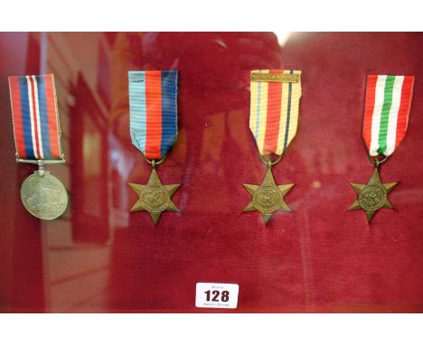 A collection of World War II medals in a glazed frame to include 39-45 medal, 39-45 star, Africa Star with 1st Army bar and I