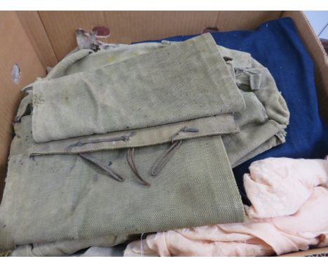 Green T- shirt, webbing x2, WWI ground sheet, para scarf, navy boiler suit, canvas tool bag &amp; webbing 