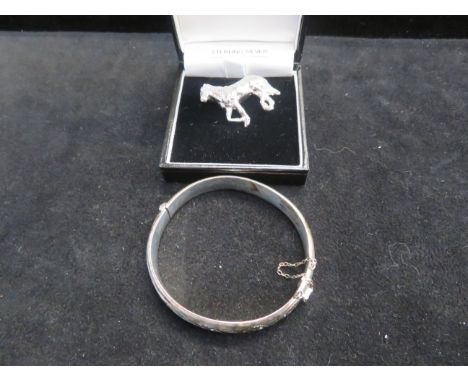 Silver bangle &amp; silver horse pin brooch 