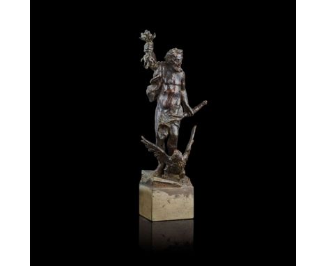  AN ITALIAN BRONZE FIGURE OF JUPITER 17TH CENTURY dark brown/black patina, mounted on a rectangular grey stone base inscribed