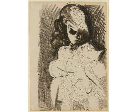  CERI RICHARDS (BRITISH 1903–1971) GIRL WITH CAT pen & ink, wash and charcoal on paper, with estate blind stamp 28cm x 20cm (