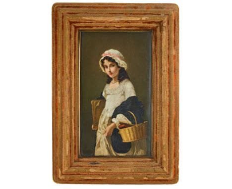  BERLIN (K.P.M.) RECTANGULAR PORCELAIN PLAQUE, SIGNED WALTHER GIRL WITH A WICKER BASKET depicting a girl wearing a bonnet wit