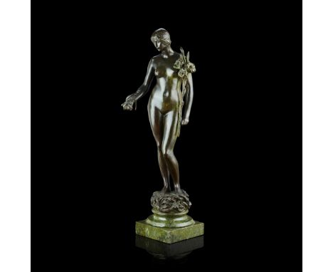 FREDERICK WILLIAM POMEROY (BRITISH 1856-1924) WOMAN WITH A SNAKE AND LILIES bronze, greenish brown patina, signed with initi