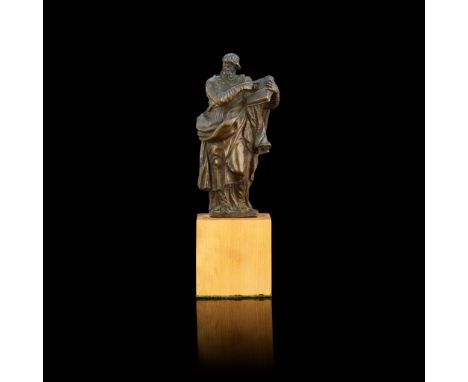  A SOUTH ITALIAN BRONZE FIGURE OF AN EVANGELIST 17TH CENTURY, POSSIBLY NAPLES medium brown patina, hollow cast, mounted on a 