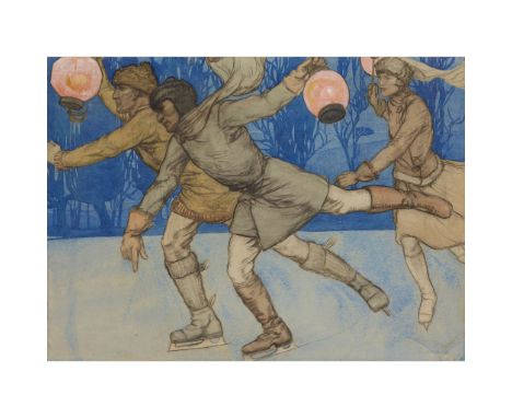  AVERIL MARY BURLEIGH (BRITISH 1883–1949) SKATING WITH LANTERNS signed, pencil, crayon, watercolour, bodycolour and wash on p
