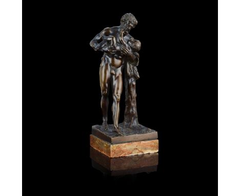  AN ITALIAN BRONZE FIGURE GROUP OF SILENUS AND THE INFANT BACCHUS, AFTER THE ANTIQUE 18TH CENTURY bronze, dark brown patina, 
