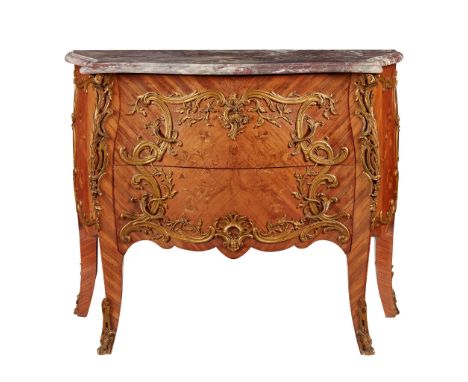  A LOUIS XV STYLE KINGWOOD, AMARANTH, AND MARQUETRY MARBLE TOPPED COMMODE 19TH CENTURY the serpentine purple veined marble to