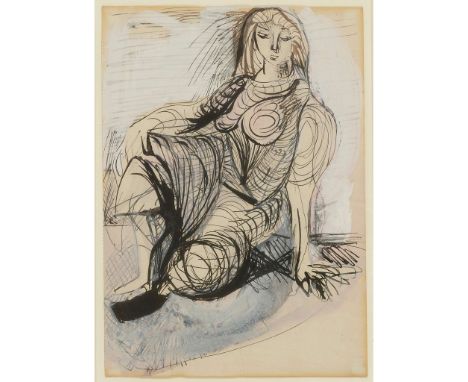  CERI RICHARDS (BRITISH 1903–1971) SEATED WOMAN pen & ink with wash on paper, with estate blind stamp 28cm x 20cm (11in x 7 7