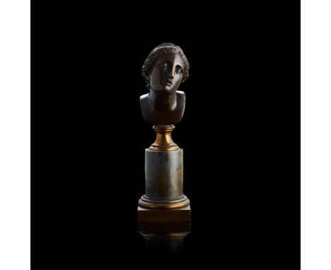  A FRENCH BRONZE HEAD OF NIOBE 19TH CENTURY medium brown patina, on a gilt metal socle and grey marble an gilt metal column b
