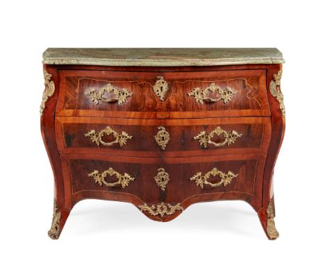 A LOUIS XV KINGWOOD AND PURPLE WOOD PARQUETRY MARBLE TOPPED COMMODE 18TH CENTURY the serpentine mottled grey/green marble to