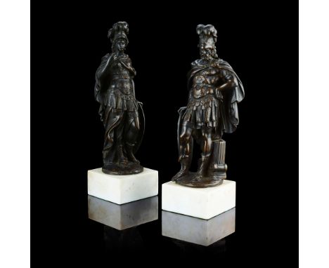  A PAIR OF FRENCH BRONZE FIGURES OF MARS AND MINERVA 19TH CENTURY dark brown patina, mounted on square white marble bases (2)