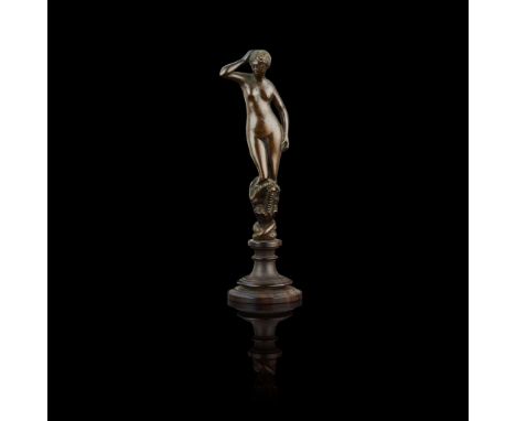  A VENETIAN/PADUAN BRONZE FIGURE OF WOMAN BEING SWALLOWED BY A DRAGON 16TH CENTURY medium brown patina, on a turned wood pede