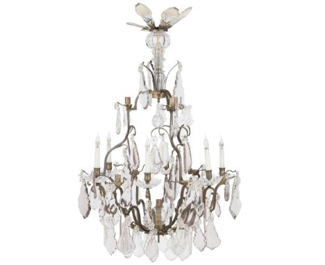  A LOUIS XV STYLE BRONZE AND CUT GLASS  CHANDELIER 19TH CENTURY of open bird-cage form, with six electrified candle branches 