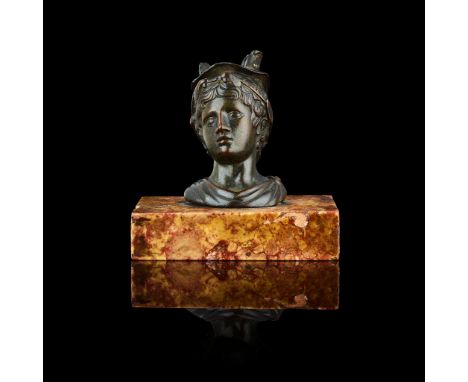 A VENETIAN BRONZE HEAD OF MERCURY, POSSIBLY AFTER AN ANTIQUE PROTOTYPE LATE 15TH CENTURY dark brown/black patina, mounted on