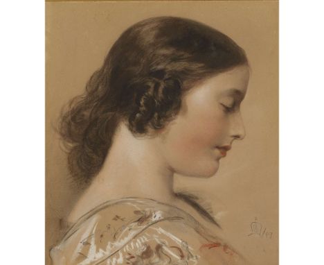  MANNER OF JAMES ARCHER PORTRAIT OF A YOUNG GIRL'S HEAD IN PROFILE signed with a monogram and dated 49, pastel 35.5cm x 31cm 