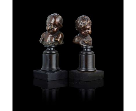  A PAIR OF ITALIAN BRONZE BUSTS OF PUTTI, AFTER FRANCOIS DUQUESNOY LATE 17TH/ EARLY 18TH CENTURY reddish brown patina, mounte