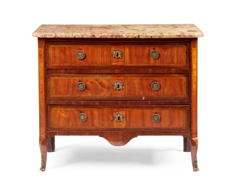  A LOUIS XVI TULIPWOOD, KINGWOOD, AND AMARANTH MARBLE TOPPED COMMODE LATE 19TH CENTURY the Breche d'Alep marble top with cant