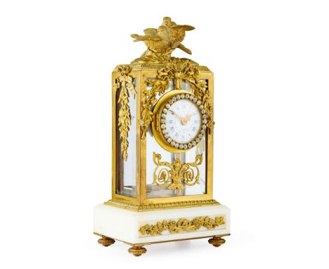  A SMALL FRENCH ORMOLU AND MARBLE MANTEL CLOCK LATE 19TH CENTURY the white enamel dial with Roman numbers and Arabic five min