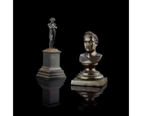  A SMALL FRENCH BRONZE BUST OF NAPOLEON AS CAESAR 19TH CENTURY together with a SMALL BRONZE FIGURE OF NAPOLEON, on a square c