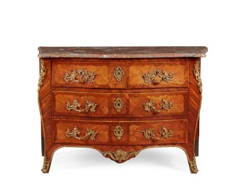  A LOUIS XV KINGWOOD, TULIPWOOD AND PARQUETRY MARBLE TOPPED COMMODE, PARTIALLY STAMPED MOREAU MID 18TH CENTURY the serpentine