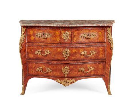 A LOUIS XV KINGWOOD, AMARANTH AND FLORAL MARQUETRY MARBLE TOPPED COMMODE, STAMPED P. ROUSSEL JME MID 18TH CENTURY the serpen
