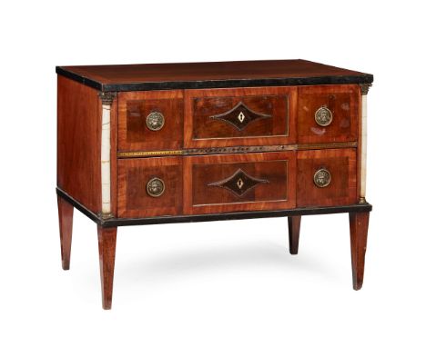  A NORTH EUROPEAN MAHOGANY, IVORY, FRUITWOOD, BRASS AND EBONISED COMMODE LATE 19TH CENTURY the banded rectangular top above t