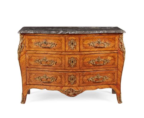  A LOUIS XV KINGWOOD, TULIPWOOD, AMARANTH AND MARQUETRY MARBLE TOPPED COMMODE, STAMPED STUMPFF, REIZELL AND JME 18TH CENTURY 