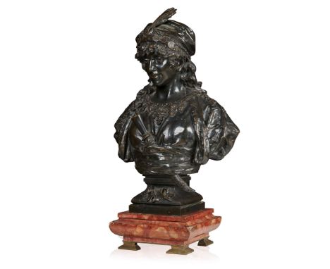  ADRIAN ÉTIENNE GAUDEZ (FRENCH 1845-1902) PAIR OF BRONZE BUSTS OF TURKISH PRINCESSES dark brown/black and gold patina, signed