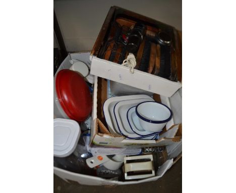 Mixed lot of kitchenalia, enamel pans, shoe cleaning items etc 